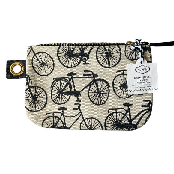 danica studio black and tan small zipper pouch with bicycles and gold hardware - Picture 1 of 7